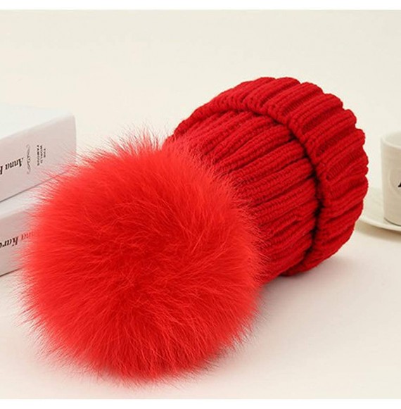Skullies & Beanies Winter Knit Hat Kids Real Fur Pom Pom Warm Beanie Hat - Red (Real Fox Fur) - CZ18Y2D4GHN