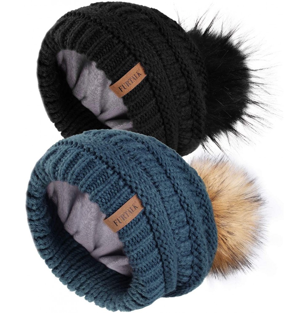 Skullies & Beanies Winter Slouchy Beanie Hats Women Fleece Lined Warm Ski Knitted Pom Pom Hat - 36-black Wood Blue - CK18YU8KCNC