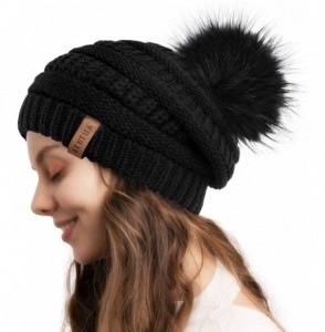 Skullies & Beanies Winter Slouchy Beanie Hats Women Fleece Lined Warm Ski Knitted Pom Pom Hat - 36-black Wood Blue - CK18YU8KCNC
