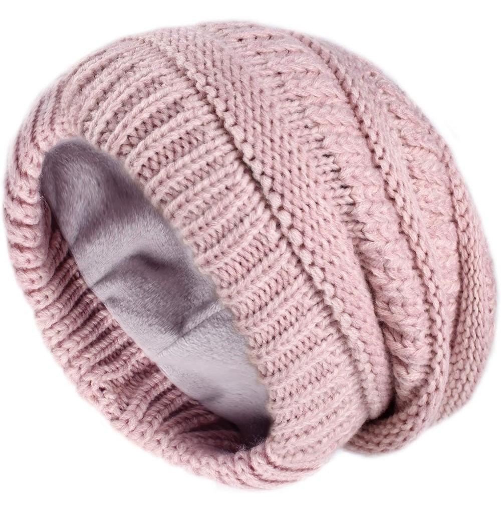 Skullies & Beanies Winter Beanie Hats for Women Cable Knit Fleece Lining Warm Hats Slouchy Thick Skull Cap - Mix Pink - CT18Y...