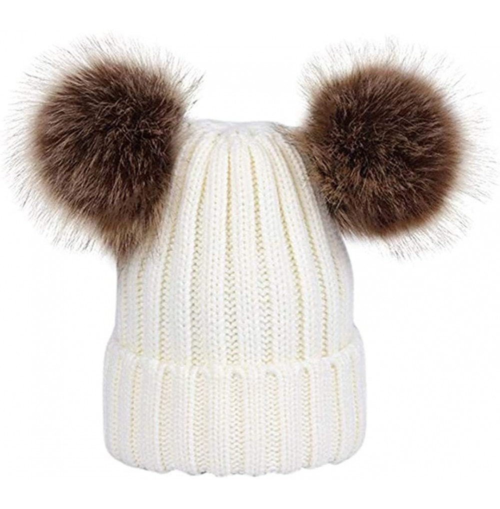 Skullies & Beanies Women Double Pom Pom Beanie Hat Knit with Faux Fur Pompom Ears Winter Soft Skull Ski Cap - White - CW18I4Q...
