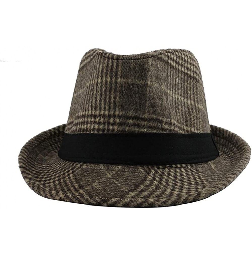 Fedoras Unisex Short Brim Wool Fedora Hat Plaid Trilby Hat Classic Jazz Cap - Brown - CB18R3YL25X