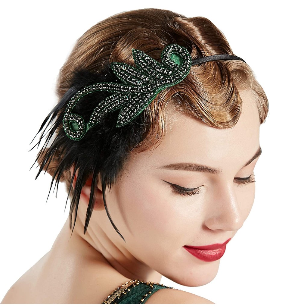 Headbands 1920s Flapper Headband Accessories Roaring 20s Feather Hair Band Vintage Gatsby Party Accessories (Green) - Green -...