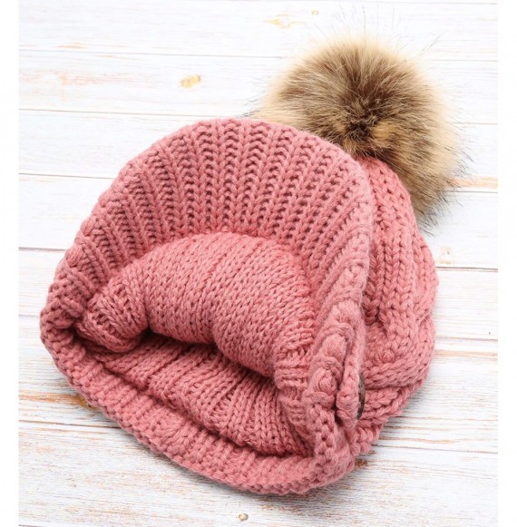 Skullies & Beanies Women's Chunky Winter Soft Cable Knitted Double Layer Visor Beanie Hat with Faux Fur Pom Pom - Dusty Pink ...