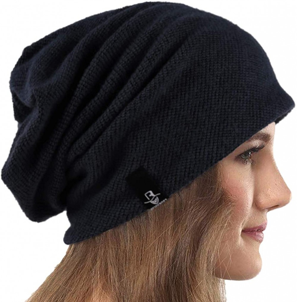 Berets Women's Slouch Beanie Long Baggy Skull Cap Turban Winter Beret Hat - Solid Black - C018XAHSQ3M