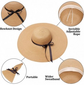 Sun Hats Womens Straw Hat Wide Brim Floppy Beach Cap Adjustable Sun Hat for Women UPF 50+ - Bowknot&khaki - C11948Q634E
