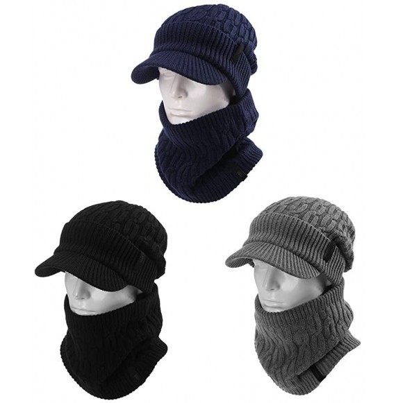 Skullies & Beanies Unisex Knit Beanie Visor Cap Winter Hat Fleece Neck Scarf Set Ski Face Mask 55-61cm - 89210-black Set - CQ...