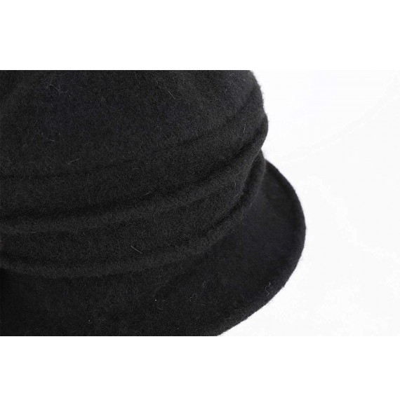 Bucket Hats Womens Girls Warm Wool Cloche Round Hat Wrinkled Floral Fedora Bucket Vintage Hat for Ladies - Black-2 - CG18KG06AST