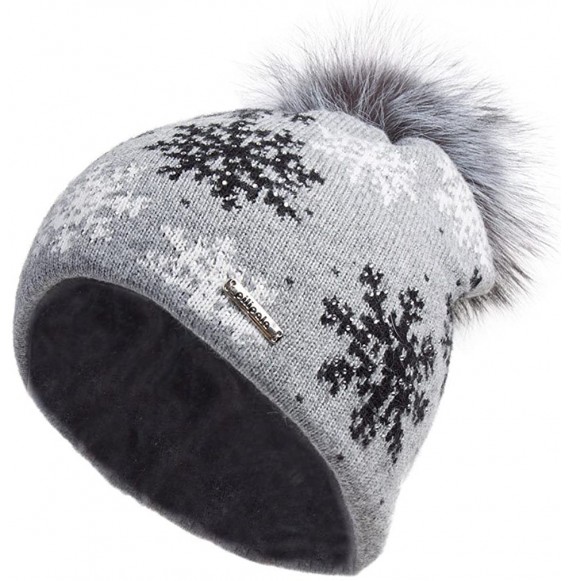 Skullies & Beanies Women's Slouchy Beanie Hat with Fur Pompom Warm Winter Hat - Gray Snowflake( Gray Pompom) - CS185K9WZKC