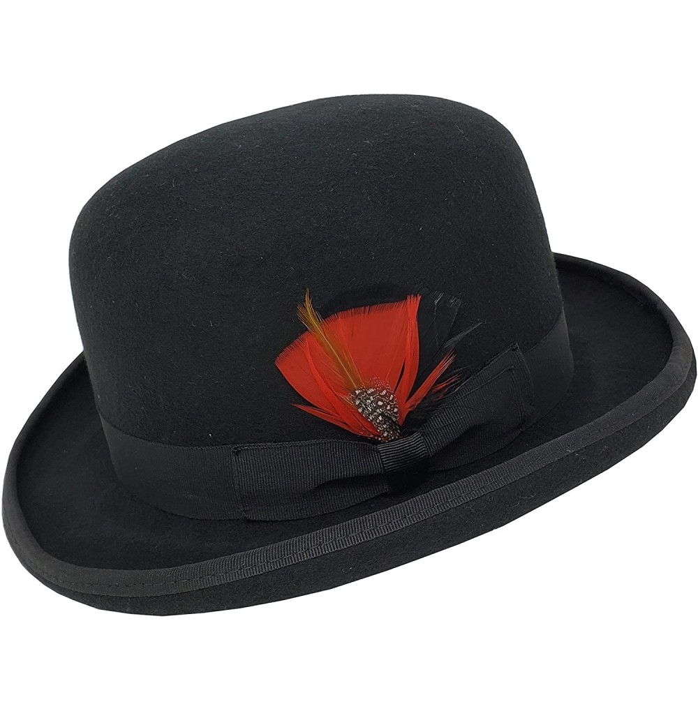 Fedoras Men's 100% Wool Felt Derby Bowler with Removable Feather Fedora Hats - Black - C218XI4SZA3
