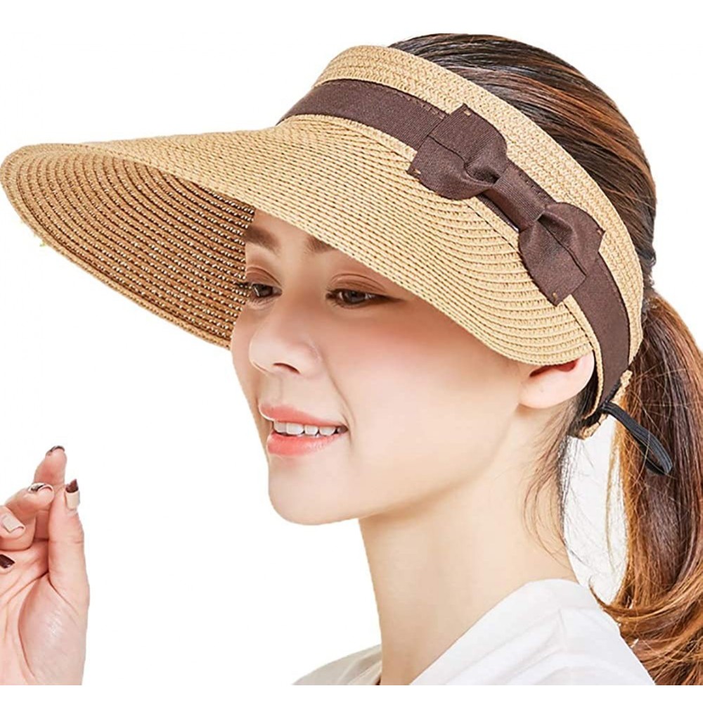 Sun Hats Women's Summer Foldable Straw Sun Visor w/Cute Bowtie Comfortable Beach Cap - Bow Khaki - C6196EZDT42