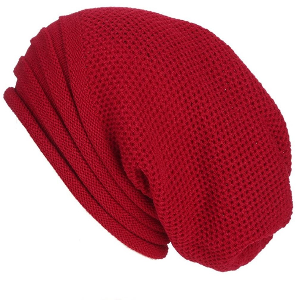 Skullies & Beanies Womens Caps Baggy Warm Crochet Winter Wool Knit Ski Beanie Skull Slouchy Caps Hat - Wine Red - CS18IE4T0KA