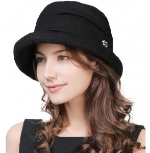 Bucket Hats Women Winter Wool Bucket Hat 1920s Vintage Cloche Bowler Hat with Bow/Flower Accent - 16060black - CE18Y6I77AX