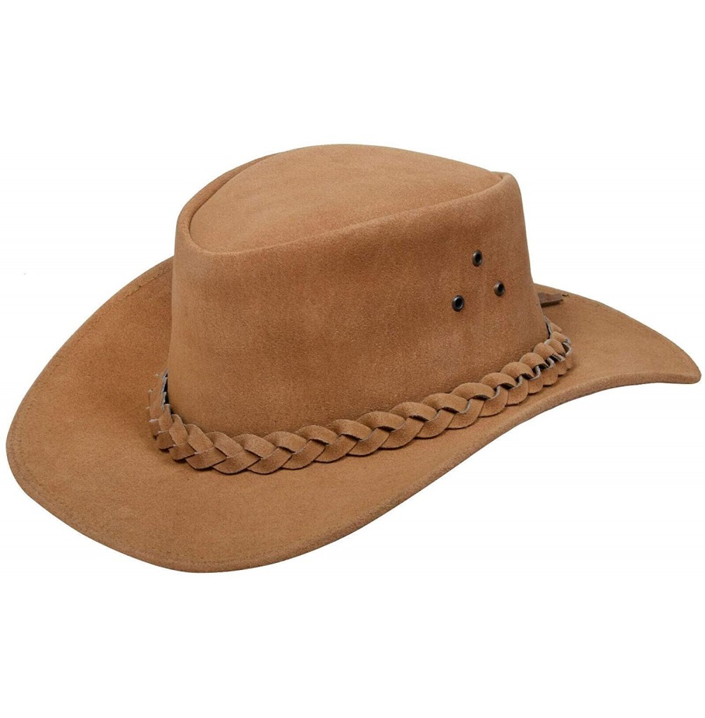 Cowboy Hats Australian Unisex Western Style Cowboy Outback Real Suede Leather Aussie Bush Hat - Tan - CY18QS3QS6G