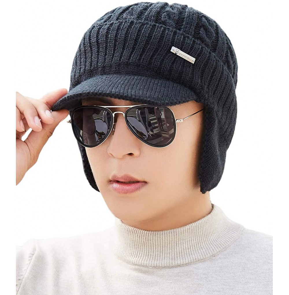 Newsboy Caps Mens Women Knit Visor Winter Beanie Hat & Fleece Scarf Sets Face Neck Cover & Ear Flap - 6w28-black - C818KK9N052