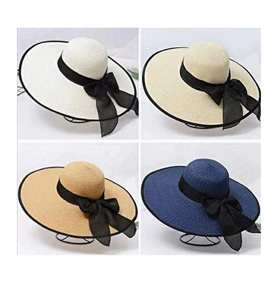 Sun Hats Women's Big Brim Sun Hat Floppy Foldable Bowknot Straw Hat Summer Beachwear Cap- Khaki - Beige - CX18RXL39EQ