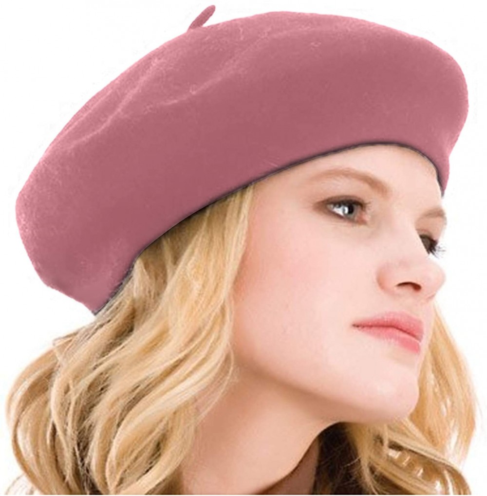 Berets Womens Beret 100% Wool French Beret Solid Color Beanie Cap Hat - Pink - CU18NZG9R58