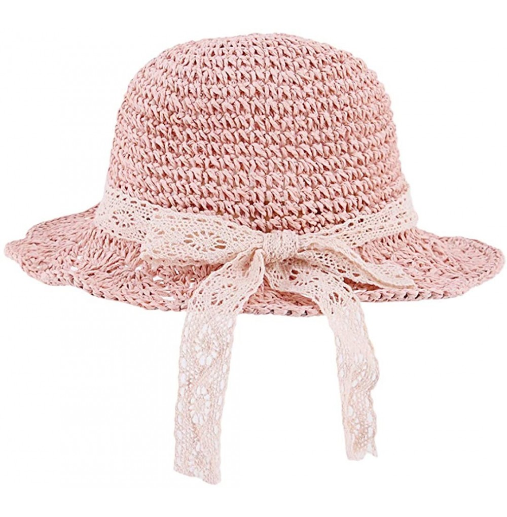 Sun Hats Girls Flower Straw Hat Large Brim Beachwear Sunhat Floral Tea Party Cap - Skin Pink - CD1979K2LK2