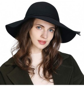 Fedoras Womens 100% Wool Felt Fedora Hat Wide Brim Floppy/Porkpie/Trilby Style - 89071black - CN18ILD0ED9