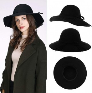 Fedoras Womens 100% Wool Felt Fedora Hat Wide Brim Floppy/Porkpie/Trilby Style - 89071black - CN18ILD0ED9