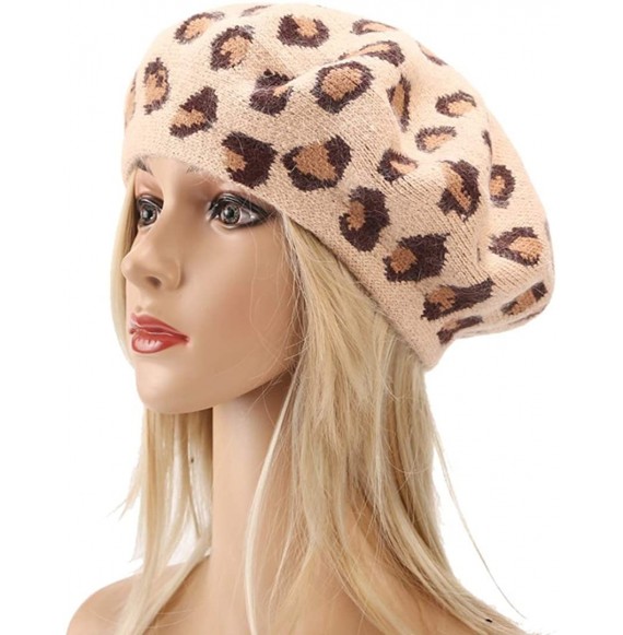 Berets Leopard Print Beret Hat Knitted French Artist Hats Soft Winter Caps for Women - Brown - CM18Z8DRC5L