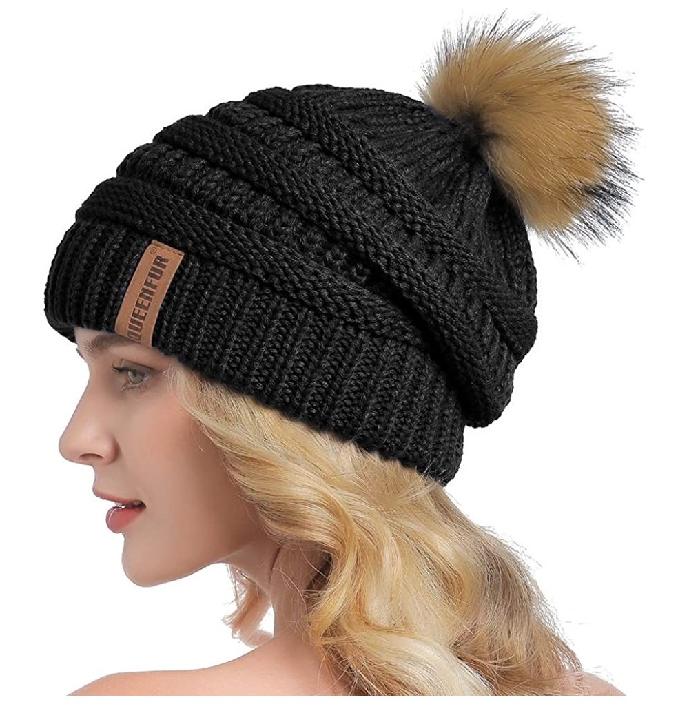 Skullies & Beanies Winter Real Fur Pom Pom Beanie Warm Oversized Chunky Cable Knit Slouch Beanie Hats for Women - Black2 - CR...