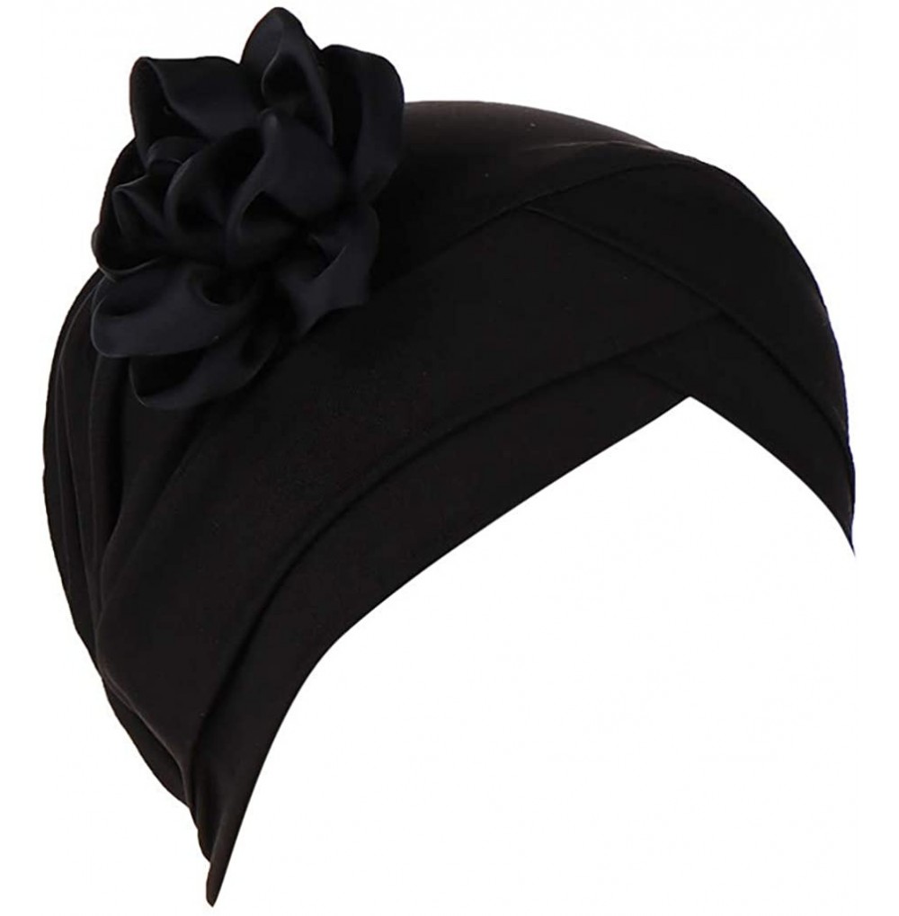 Skullies & Beanies Women Solid Floral India Hat Muslim Ruffle Cancer Chemo Beanie Turban Wrap Cap - Black - CF18R80DA8T