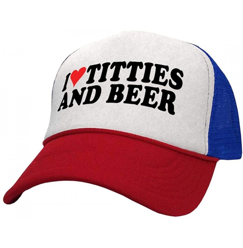 Baseball Caps I Heart Titties and Beer - Boobs and Alcohol - Trucker Style Retro Hat - Red & Blue - CY18YS0U932