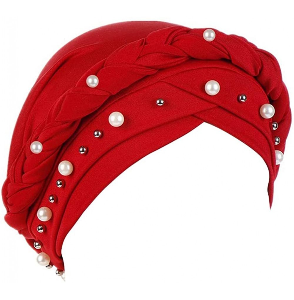 Skullies & Beanies Women Hijab Beading Pearl Braid Turban Hat Head Scarf Cancer Chemo Beanies Bandana Headwrap Cap - Red - CC...