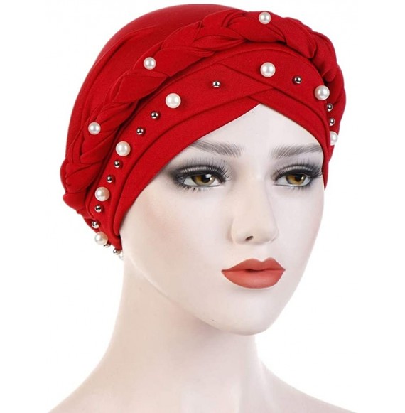 Skullies & Beanies Women Hijab Beading Pearl Braid Turban Hat Head Scarf Cancer Chemo Beanies Bandana Headwrap Cap - Red - CC...