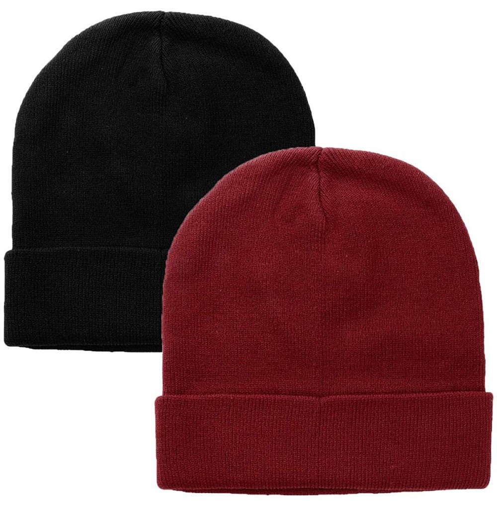 Skullies & Beanies Men Women Knitted Beanie Hat Ski Cap Plain Solid Color Warm Great for Winter - 2pcs Black & Burgundy - CY1...