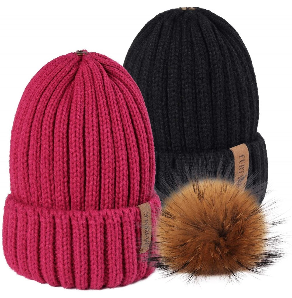 Skullies & Beanies Winter Knit Hat Detachable Real Raccoon Fur Pom Pom Womens Girls Warm Knit Beanie Hat - CC18UL82KW7