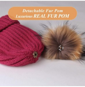 Skullies & Beanies Winter Knit Hat Detachable Real Raccoon Fur Pom Pom Womens Girls Warm Knit Beanie Hat - CC18UL82KW7