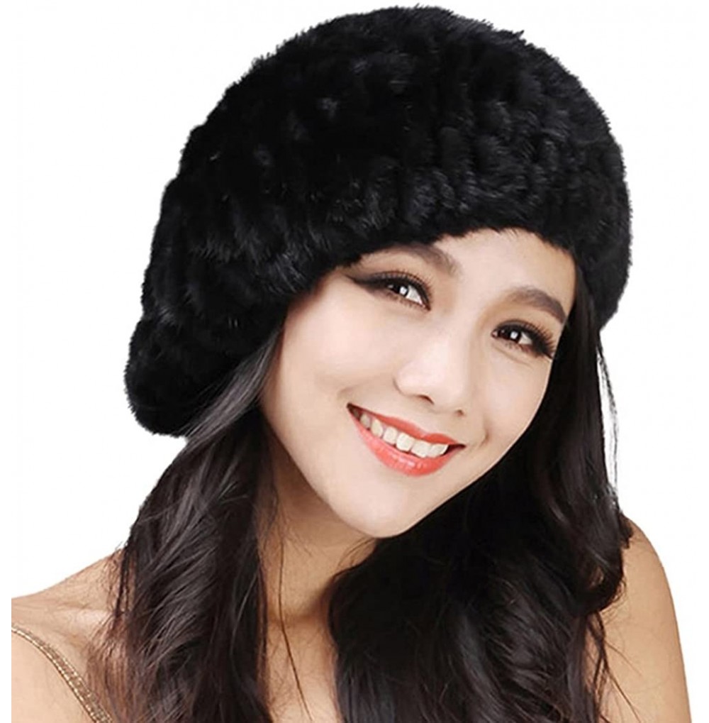 Berets Women's Knitted Mink Fur Beret Hat Winter Fur Hat - Black1 - CJ18W665EMQ