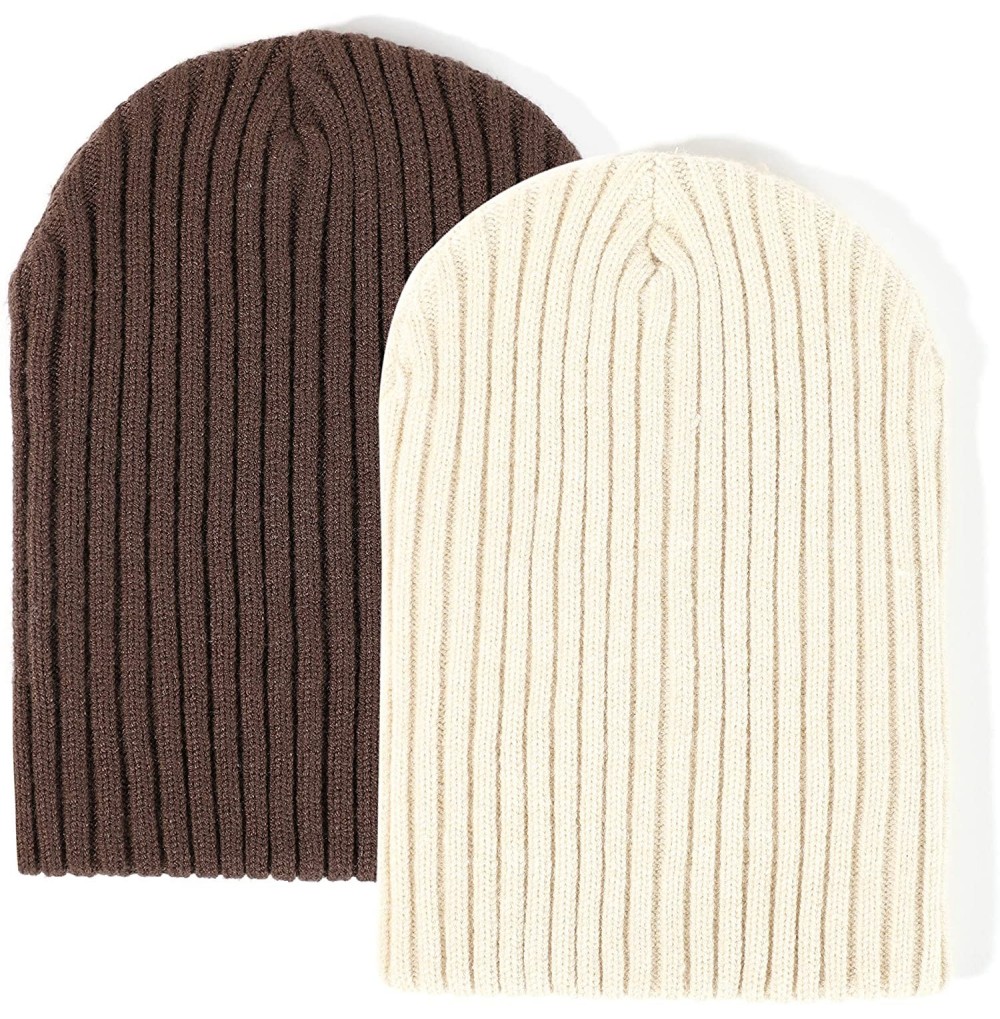 Skullies & Beanies Men Women Winter Warm Beanie Soft Slouchy Knit Hat 2 Pack - Brown and Off White - CT194QQC6LY