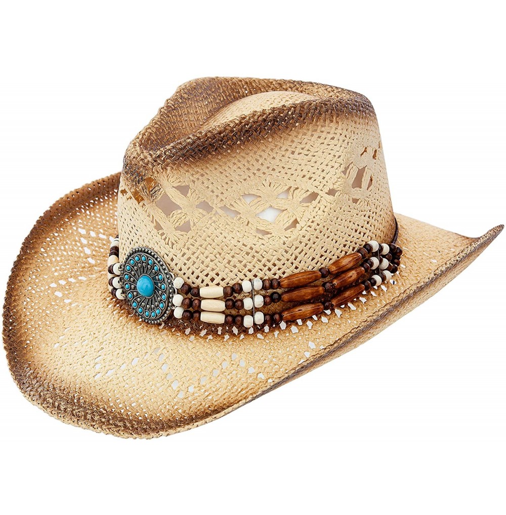 Cowboy Hats Men & Women's Woven Straw Cowboy Cowgirl Hat Western Outback w/Wide Brim - Turquoise Stone - CA19572UO8I