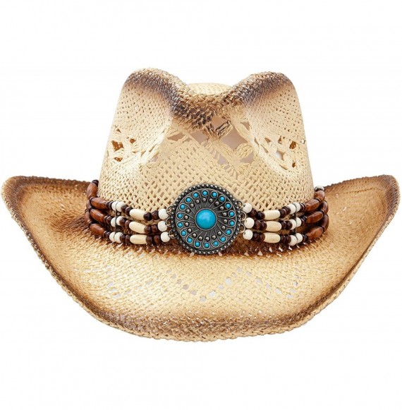 Cowboy Hats Men & Women's Woven Straw Cowboy Cowgirl Hat Western Outback w/Wide Brim - Turquoise Stone - CA19572UO8I