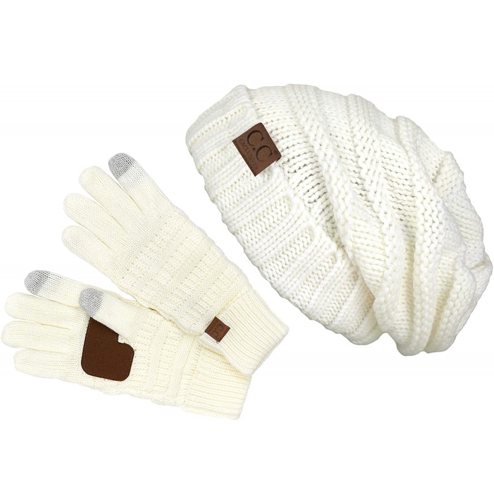 Skullies & Beanies Exclusives Oversized Slouchy Beanie Bundled with Matching Lined Touchscreen Glove - Ivory - CF193ENRWMH