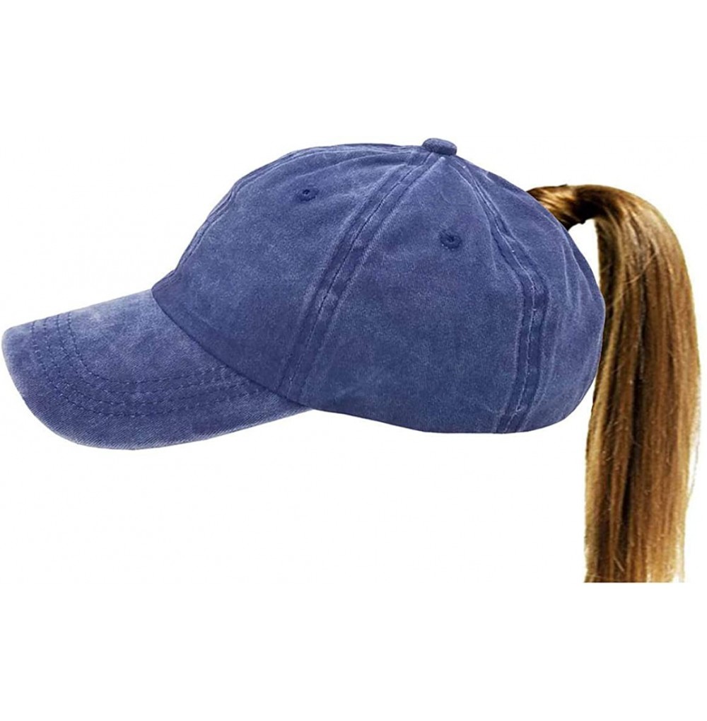 Baseball Caps Women's Ponytail Distressed Baseball Hat Cotton Washed - Denim Blue - CN18HYS6E99