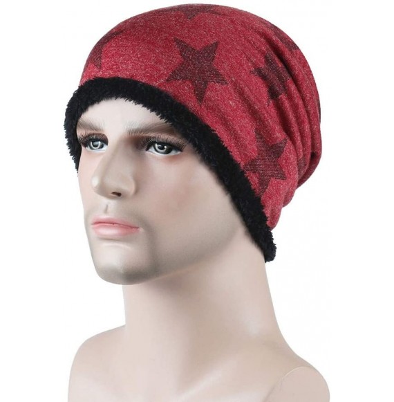 Skullies & Beanies Teresamoon Men Winter Knit Beanie Hat Star Printed Villi Lined Slouchy Baggy Ski Cap - C918INZN0D0