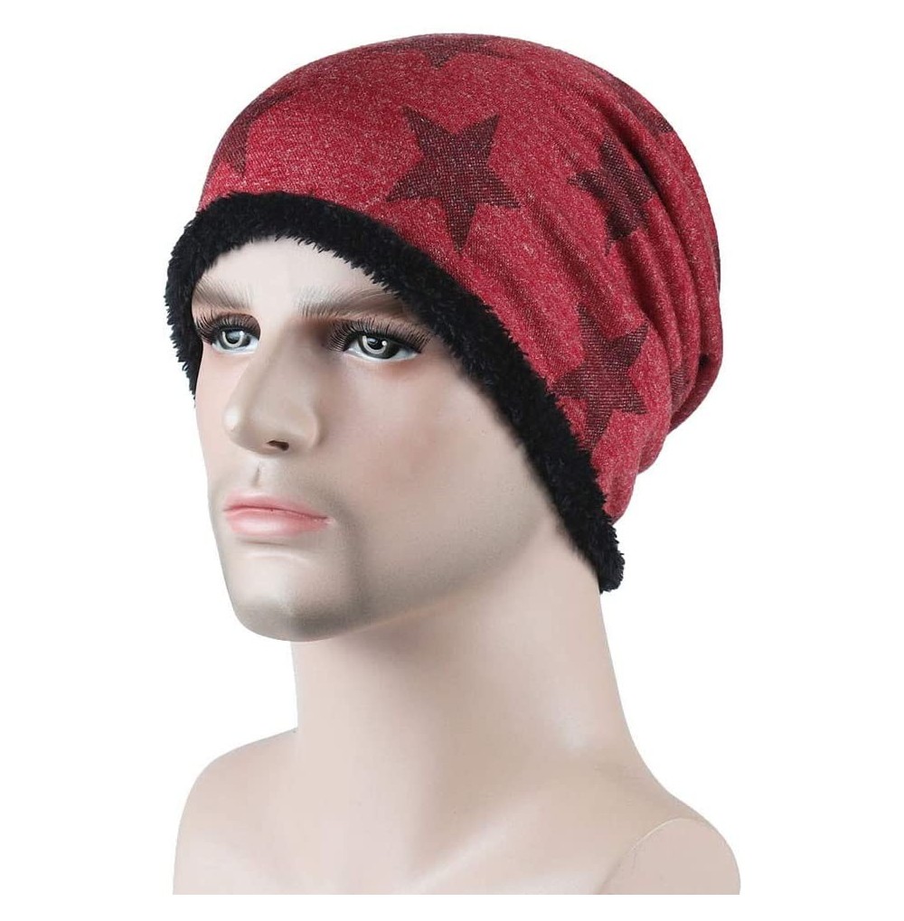 Skullies & Beanies Teresamoon Men Winter Knit Beanie Hat Star Printed Villi Lined Slouchy Baggy Ski Cap - C918INZN0D0