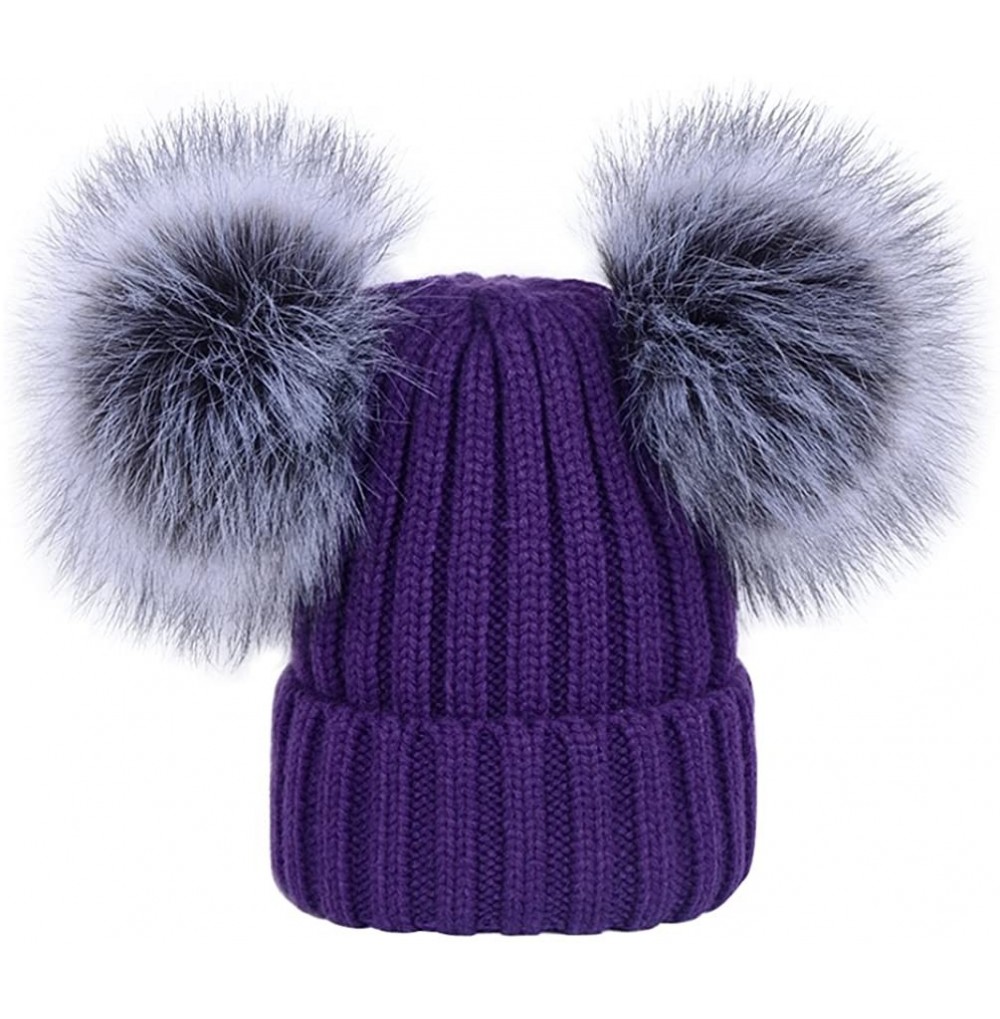 Skullies & Beanies Women's Winter Ribbed Knitted Beanie Hat with Double Faux Fur Pom Pom - Purple - CE1897Q6S96