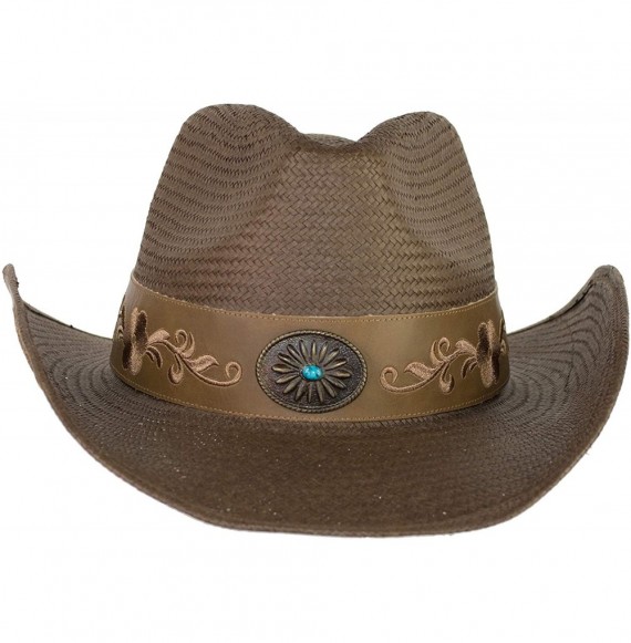 Cowboy Hats Brown Toyo Straw Cowboy Hat- Shapeable Flower Embroidered Cowgirl Hat w/Turquoise Concho- Medium - C018SRWWSDS