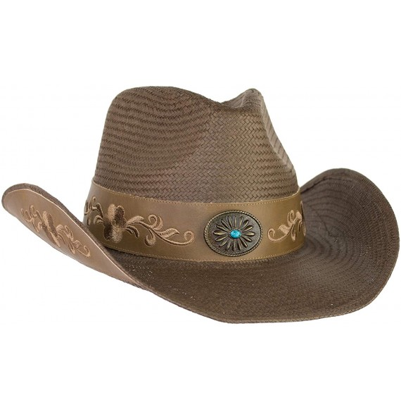 Cowboy Hats Brown Toyo Straw Cowboy Hat- Shapeable Flower Embroidered Cowgirl Hat w/Turquoise Concho- Medium - C018SRWWSDS