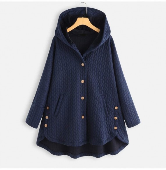 Fedoras Plus Size Outwear Coats Casual Button Pockets High Low Long Sleeve Hooded Coat - Navy - CX18ZZDGLEO