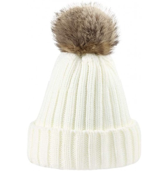Skullies & Beanies Women Knit Winter Turn up Beanie Hat Faux Fur Pompom Hat for Girls Women - Cream - C618XHO29XG