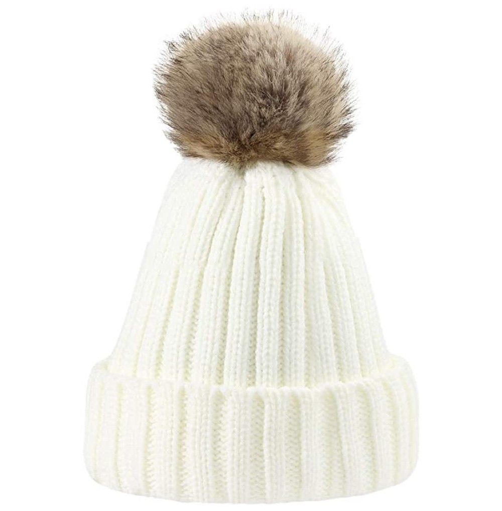 Skullies & Beanies Women Knit Winter Turn up Beanie Hat Faux Fur Pompom Hat for Girls Women - Cream - C618XHO29XG