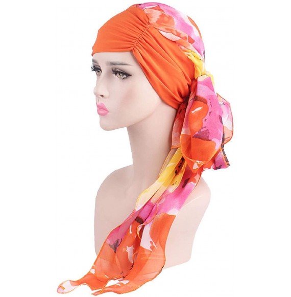 Skullies & Beanies Headwear Chemo Turbans Cancer Hats Elegant Long Hair Cap Head Wraps for Women - Orange - CH18UZI6K9L