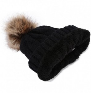 Skullies & Beanies Women's Winter Ribbed Knit Faux Fur Pompoms Chunky Lined Beanie Hats - A Twist Black - CA184RQ0LQE