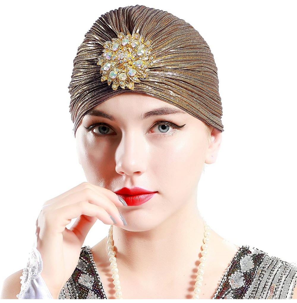 Skullies & Beanies Women's Ruffle Turban Hat Knit Turban Headwraps with Detachable Crystal Brooch for 1920s Gatsby Party - Da...